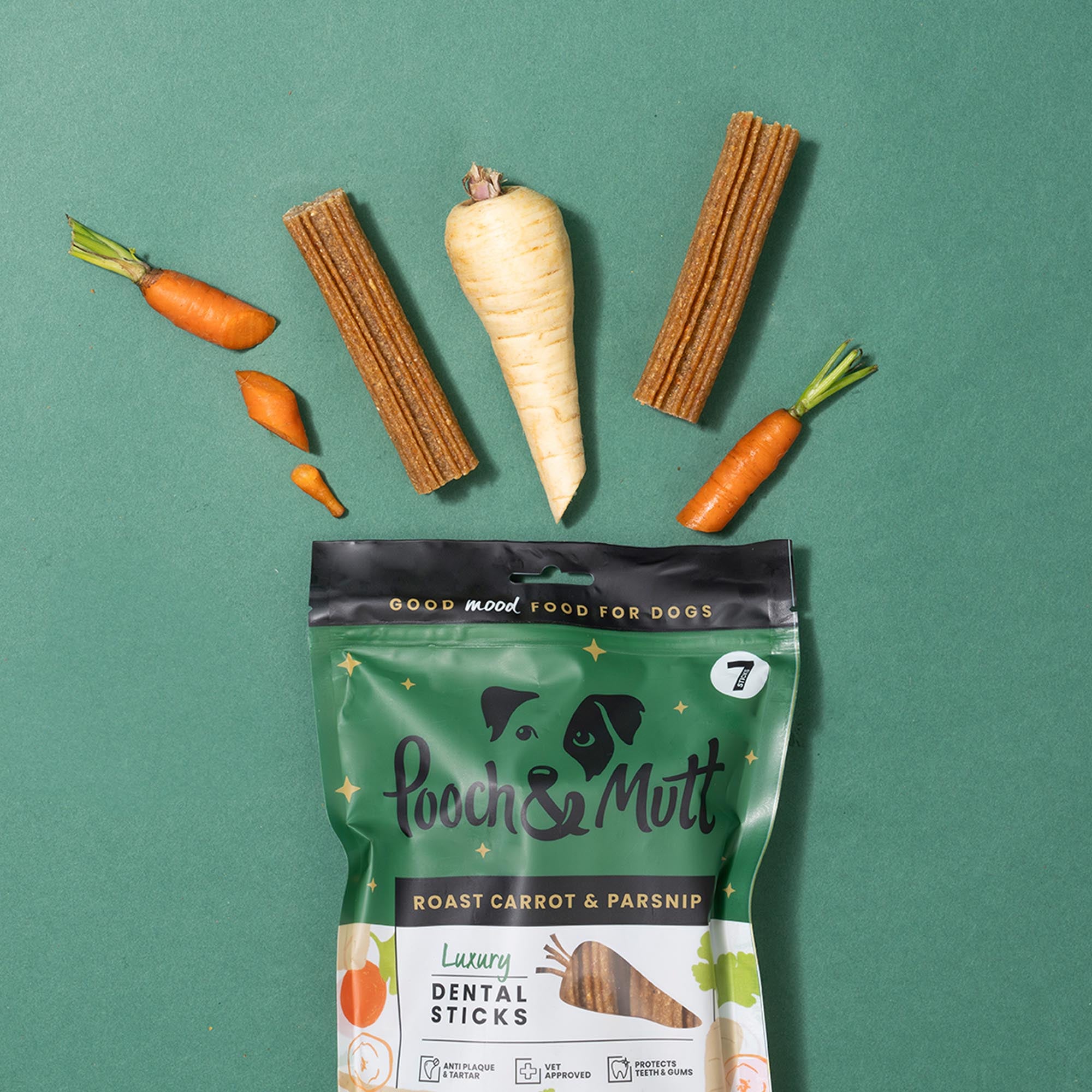 Pooch & Mutt dog treat package with roasted carrot, parsnip, and dental sticks on a green background