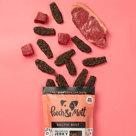 Pooch and mutt beef jerky packet with contents and raw ingredients spilling out